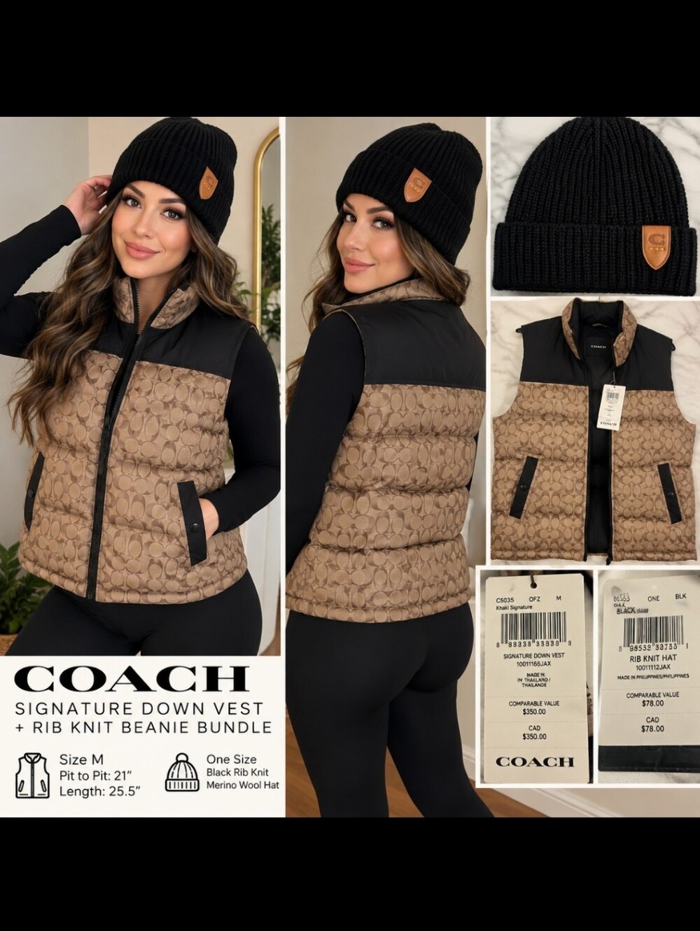 NWT Coach Puffer Vest & Beanie Size M